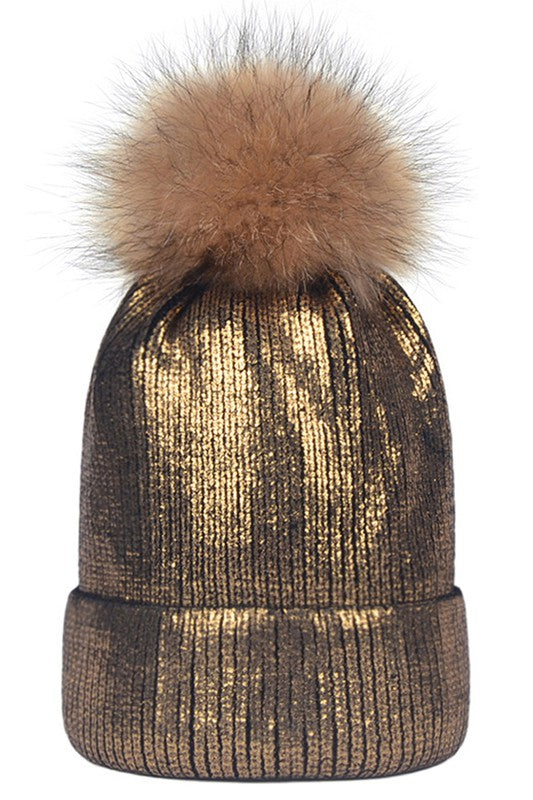 Gold Metallic Knit Faux Fur Pom Hat