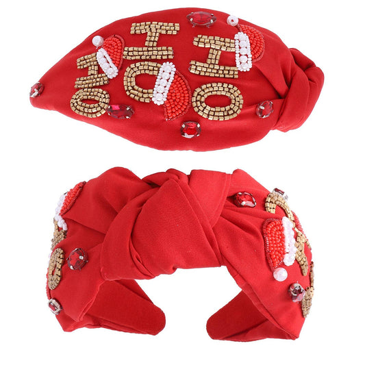 Jeweled HO HO HO Knotted Headband: Red