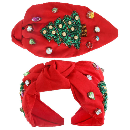 Jeweled Christmas Tree Beaded Knotted Headband: Red